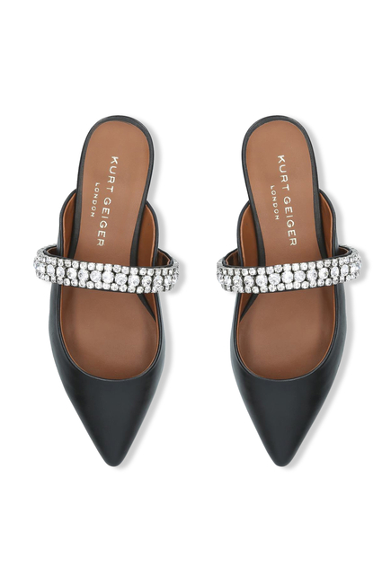 PRINCELY CRYSTAL STRAP LEATHER FLAT MULES:BLK:36.5